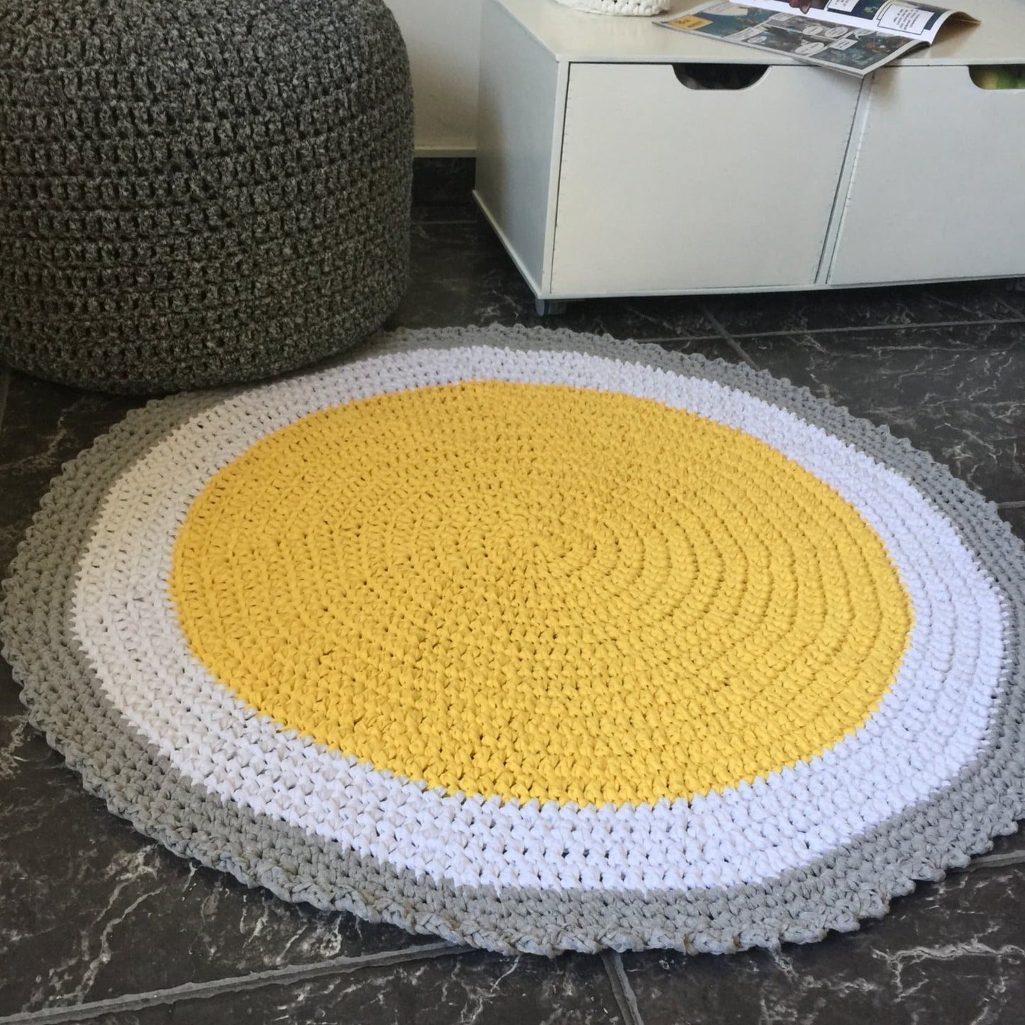 Yellow Crochet Round Rug, Washable Floor Rug Mat